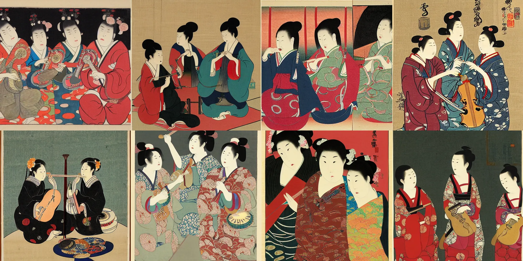 Prompt: three women playing musical instruments, by katsushika oi