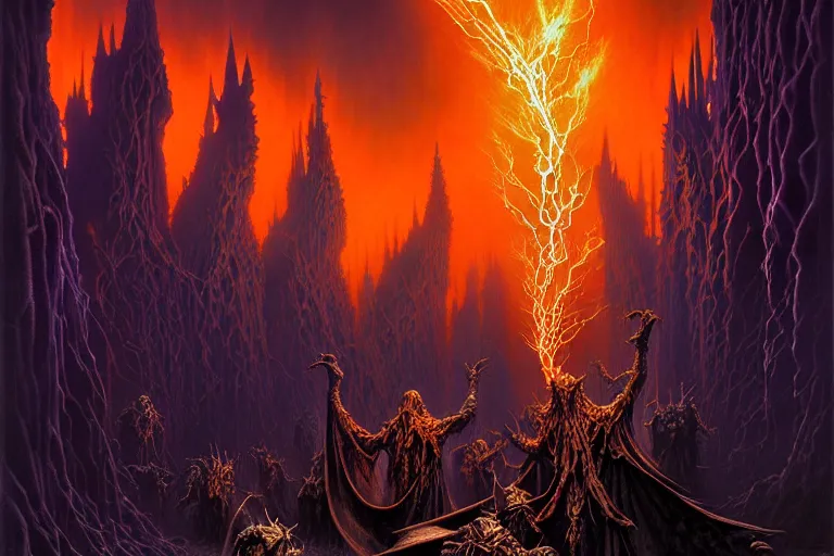 Prompt: darker shades of forgotten misery and despair by michael whelan and peter driben and quentin massys and hubert robert and greg staples and rudy nappi, beautiful, mythical, scaled robes, highly detailed, hyperrealistic, intricate, energy, orange electricity, blue flame, low light, purple crystals, high contrast, lifelike