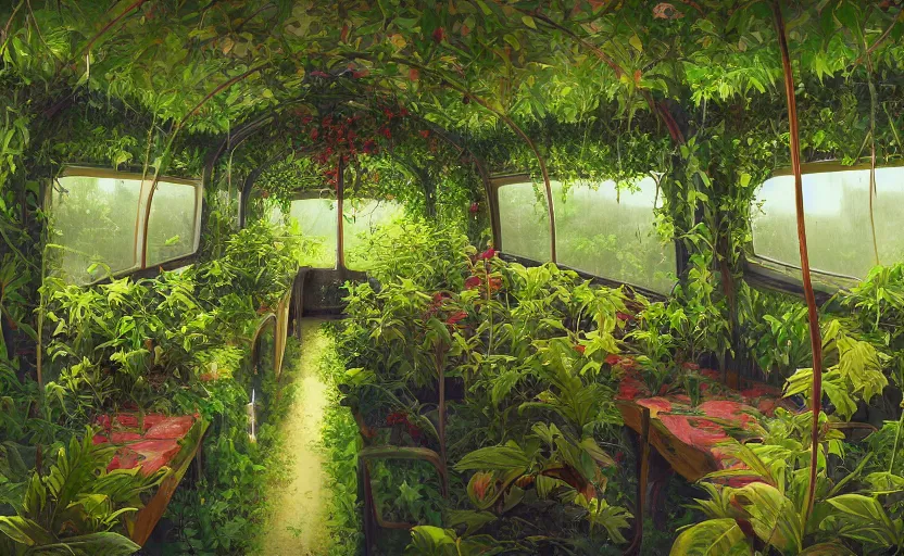 Prompt: A beautiful interior of an overgrown bus full of lush plants, rich vines and verdant flowers, digital art, trending on Artstation, thick atmosphere, fireflies flying around, 4k wallpaper