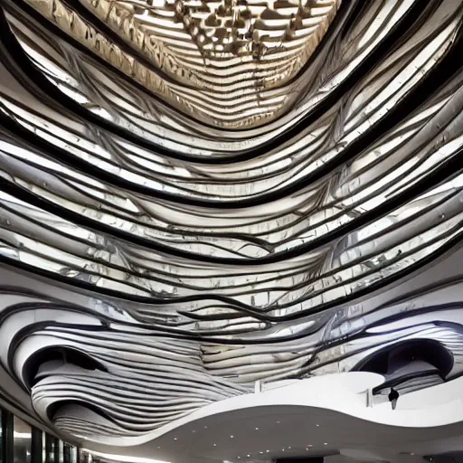 Image similar to extremely detailed ornate stunning beautiful elegant futuristic museum lobby interior by Zaha Hadid