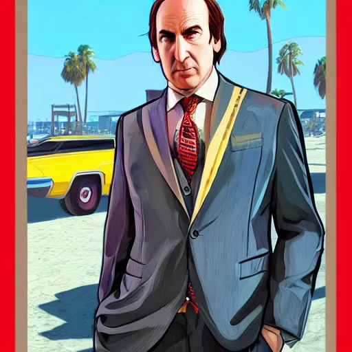 Prompt: Saul Goodman, GTA 5 loading screen, Santa Monica Beach, concept art