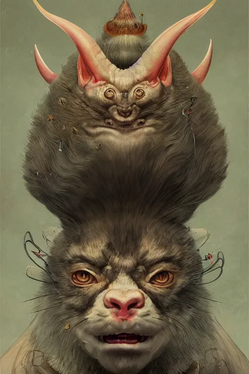 Image similar to a portrait of a japanese devil animal illustrated by miyazaki by karol bak, james jean, tom bagshaw, rococo, sharp focus, trending on artstation, cinematic lighting, hyper realism, octane render, 8 k, hyper detailed, vivid, ultra detailed, highly detailed