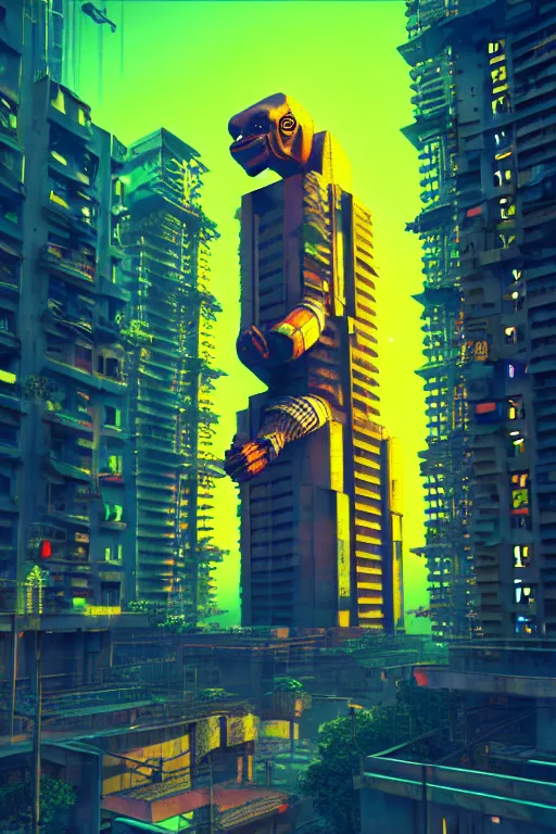 Image similar to high quality 3 d render cyberpunk brutalist hanuman head building, neon yellow madhubani, highly detailed, in sci - fi mumbai, unreal engine cinematic smooth, liam wong, moody light, low angle, uhd 8 k, sharp focus