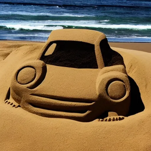 Prompt: sand sculpture of a porsche 9 1 1 on a hawaii beach photography iphone