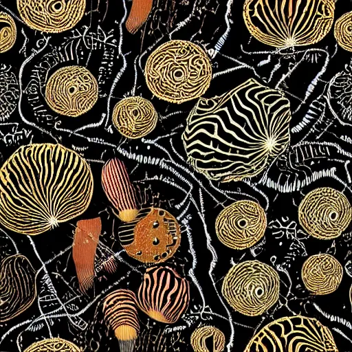 Prompt: beautiful and artistic mycelium on a fantastic planet and unusual inhabitants of the oceans, highly detailed, pattern with optical illusion, tiling texture, repeating textile pattern
