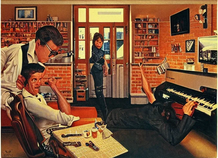 Image similar to rockwell somebody's watching me, 1 9 8 2, fruin tom in the style of ferez andrew