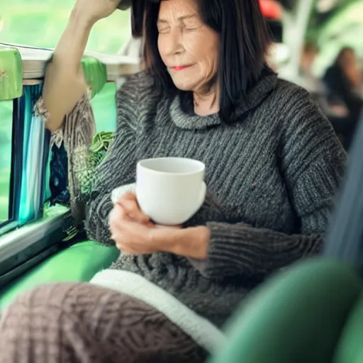 Image similar to beautiful woman 40 old year sit on coach and drink green tea