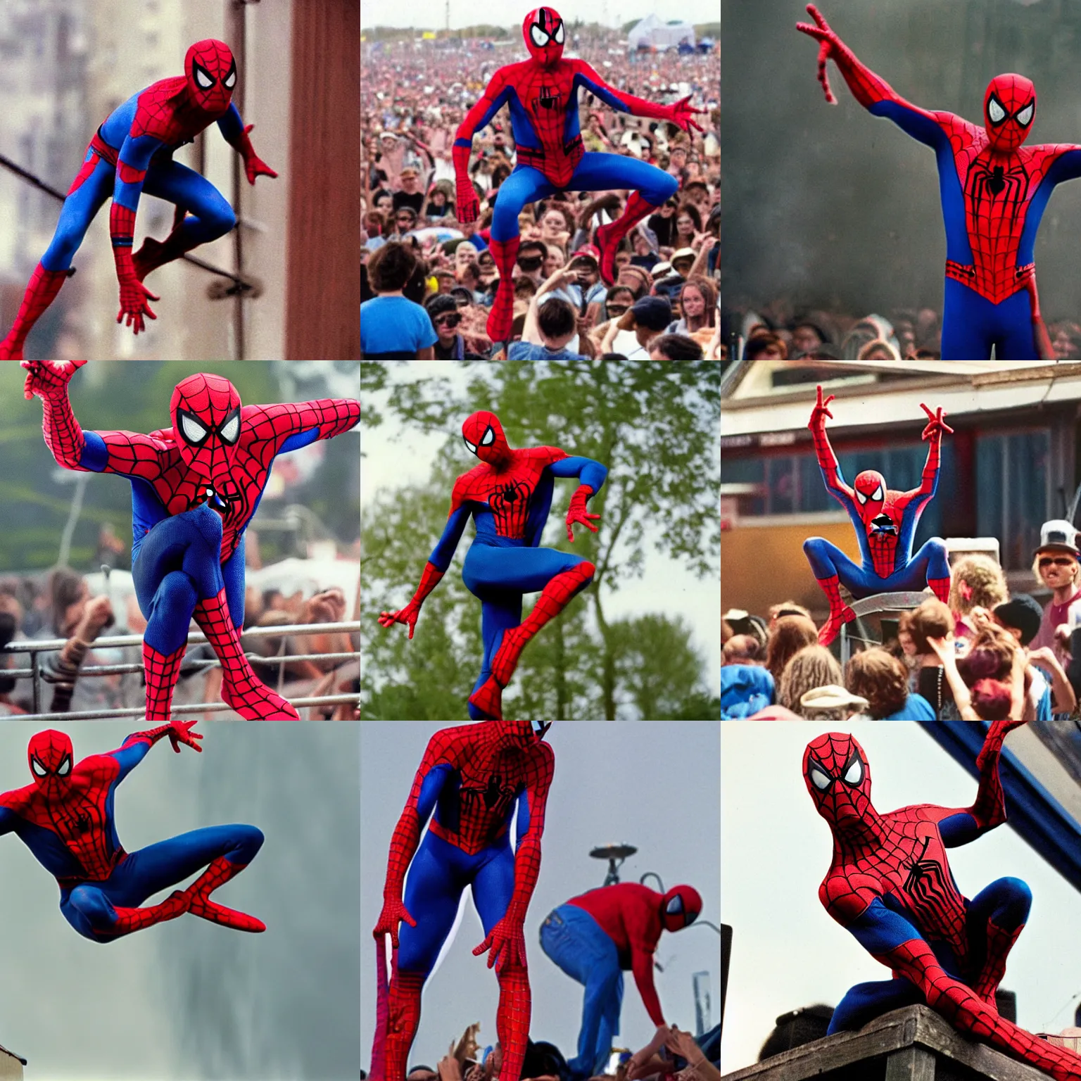 Image similar to spiderman perfoming at woodstock