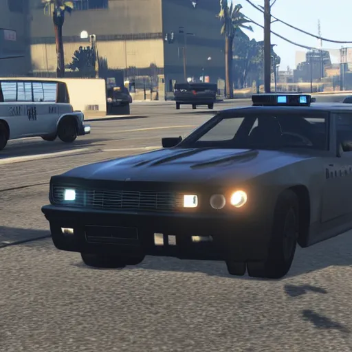 Image similar to GTA V arnold schwarzenegger screenshot stealing a cop car