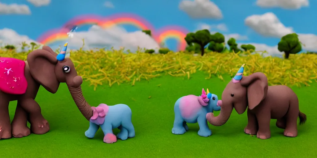 Prompt: claymation unicorn eating a claymation elephant in a field of grasson a beautiful summer day, claymation rainbow and trees in the background