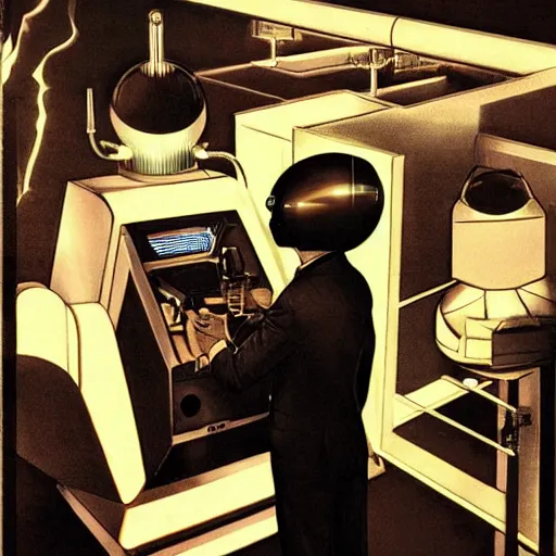 Image similar to man in futurist 6 0 ´ s lab, machines and futurist robots, red lights, leyendecker style, black suit