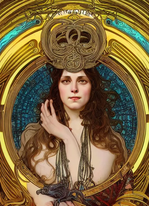 Image similar to Jennifer Lowrence as God of Strangeness, brutal, epic, intricate, elegant, highly detailed, digital painting, 4k, HDR, concept art, smooth, sharp focus, illustration, art by alphonse mucha,artgerm, H R Giger