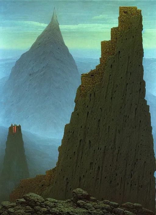 Image similar to A mountain look like a women, troglodyte city, monumental sculpture, ruin, by Artgem and Zdzislaw Beksinski, by Kaspar David Friedrich