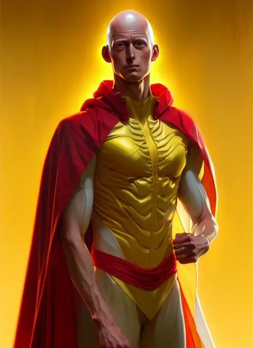 Image similar to ultra realistic illustration, handsome saitama. yellow and red cape, intricate, elegant, highly detailed, digital painting, artstation, concept art, smooth, sharp focus, illustration, art by artgerm and greg rutkowski and alphonse mucha and wlop