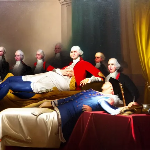 Image similar to oil painting Life of George Washington Deathbed but everyone is looking at glowing iPhones