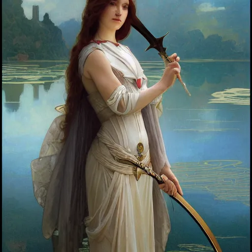 Prompt: portrait of the lady of the lake holding excalibur, elegant, art nouveau, tarot card, highly detailed, digital painting, artstation, concept art, smooth, sharp focus, illustration, art by artgerm and greg rutkowski and alphonse mucha and william - adolphe bouguereau