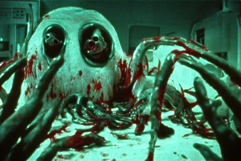 Image similar to filmic wide shot angle movie still 35mm film color photograph of a shape shifting horrific nightmarish abstract organism from The Thing 1982 with multiple limbs and heads decapitating a doctor with splattering blood in the style of a horror film