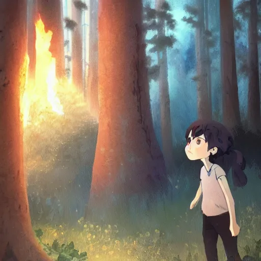 Prompt: a child with grey skin with blues and short brown hair, holding fire, forest background, highly detailed, digital painting, artstation, matte, by makoto shinkai, studio ghibli, animation style