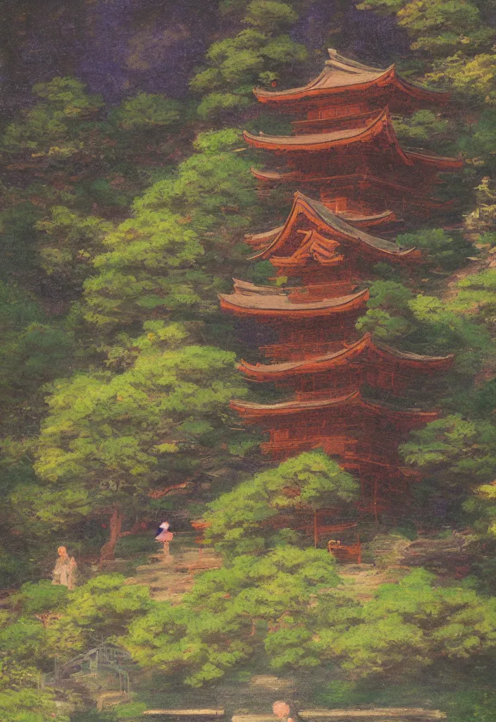 Prompt: very small yokai in front of a japanese temple in the mountain. gorgeous epic nature, lofi, vivid colors, amazing light, by jeremy lipkin, by claude monet, heavily inspired by makoto shinkai, kandinsky touches, inspired by ghibli, masterpiece, multiple brush strokes, impressionist style