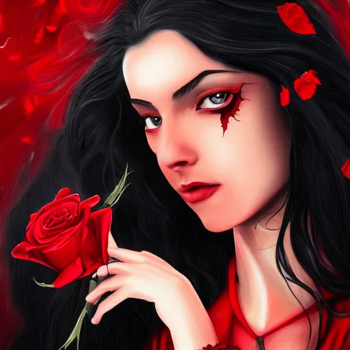 Prompt: stunning comic book style portrait painting of Long Black Haired beautiful woman wearing red dress, red eyes, holding black rose, in the style of WLOP, 8k masterpiece, cinematic lighting, pristine clean design, high fantasy, insanely detailed, atmospheric,