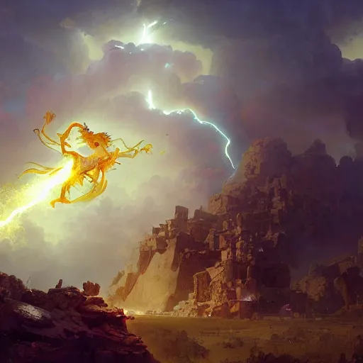 Image similar to Bright explosive Birth of Athena from the head of lightning god Zeus, hyperrealism, no blur, 4k resolution, ultra detailed, style of Tyler Edlin, Carl Spitzweg ,Dragan Bibin , Peter Mohrbacher, Ismail Inceoglu