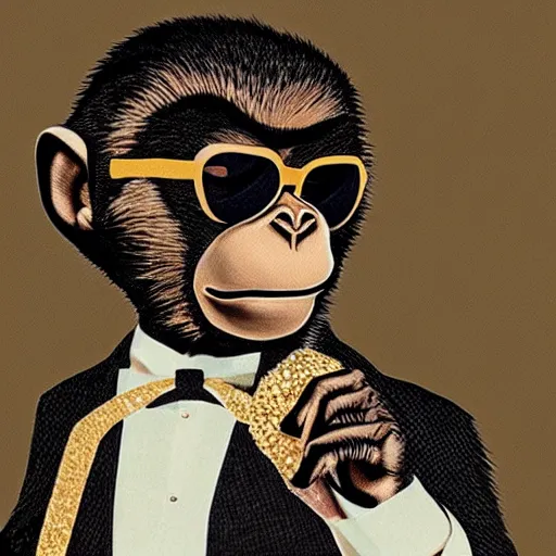 Image similar to a monkey wearing a nice black tuxedo and wearing shades and wearing gold chains around its neck, art deco, highly detailed, highly coherent, 8 k