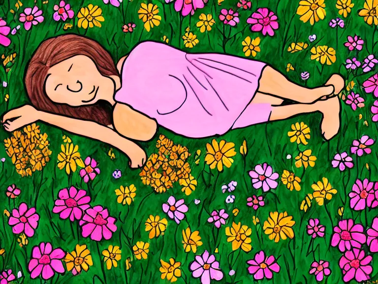 Prompt: drawing of girl laying down in the lawn full of flowers that smells like honey amongst forest with her soul connected to the nature around her