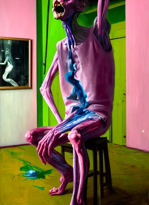 Image similar to an insane, skinny, artist wearing overalls, expressive painting the walls inside a grand messy studio, depth of field, hauntingly surreal, highly detailed painting by francis bacon, edward hopper, adrian ghenie, glenn brown, and james jean, soft light 4 k in pink, green and blue colour palette, cinematic composition,