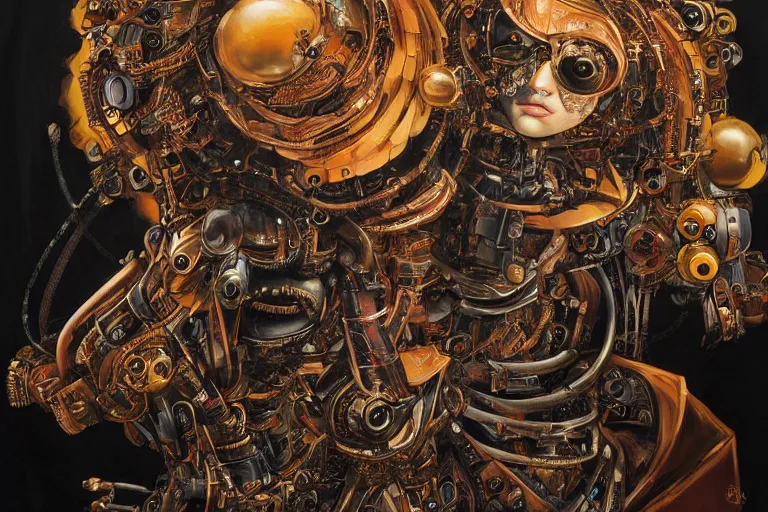 Image similar to queen baroque expressionist cyborg machine goddess, detailed portrait, hd 4k very detailed high dynamic range denoised smoothed upscaled, varnished oil paint on black background with pastel paint splashes in background by katsuhiro otomo