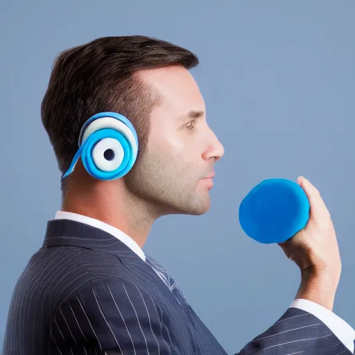 Prompt: stock photo of businessman talking on a headset made out of a blue playdoh