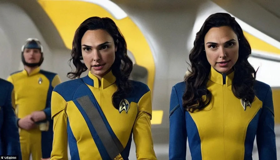 Image similar to Gal Gadot, wearing a yellow uniform, is the captain of the starship Enterprise in the new Star Trek movie