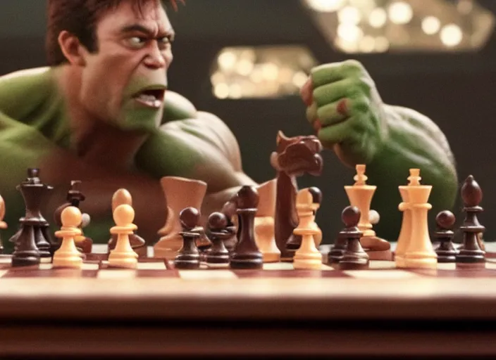 KREA - film still of hulk playing chess in the new avengers movie, 4 k