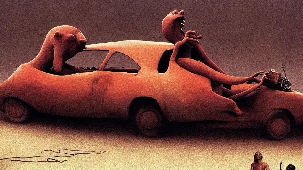 Prompt: the hip creature on the car, film still from the movie directed by denis villeneuve and david cronenberg with art direction by salvador dali and zdzisław beksinski, wide lens