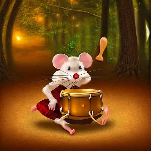 Image similar to mouse with drum, fantasy forrest background, golden hour, digital art, medium shoot