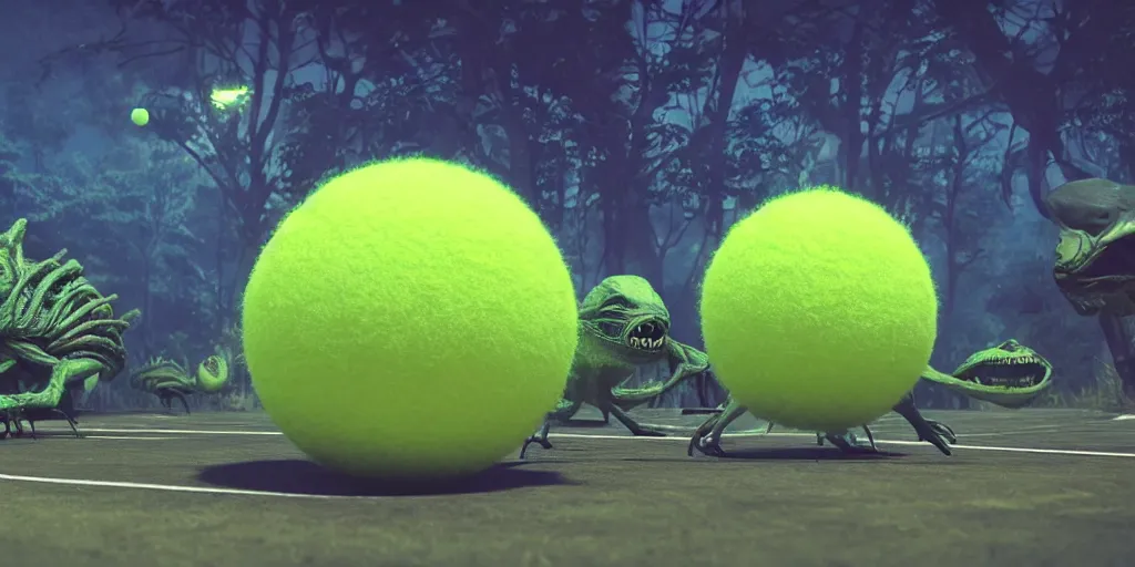 Image similar to a cinematic poster photo of 8 k ultra realistic tennis ball monsters, tennis ball monsters, alien exotic, cinematic lighting, trending on artstation, 4 k, hyperrealistic, focused, high details, unreal engine 5, cinematic, alien planet atmosphere in background, 3 d render by beeple