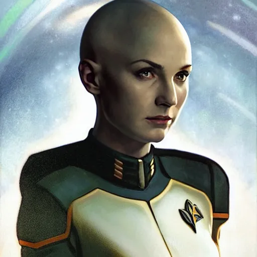 Prompt: a bald serbian!!! young woman as a star trek captain, wearing a grey uniform, still from star trek painted by artgerm and greg rutkowski and alphonse mucha. clear highly detailed face, beautiful sci fi art