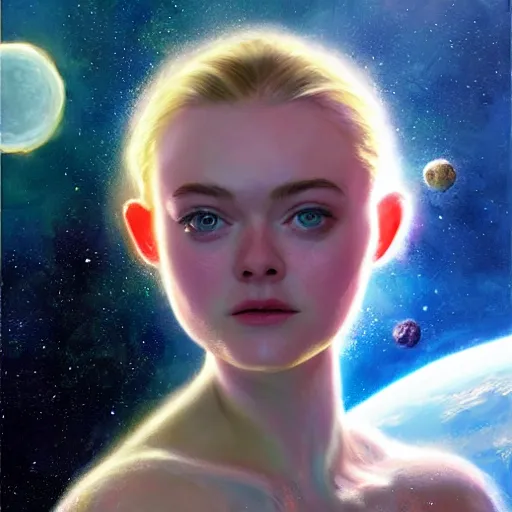 Image similar to a striking hyper real painting of Elle Fanning in space by Craig Mullins