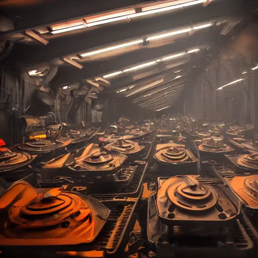 Image similar to rows of toaster oven mecha heads on conveyor belt, dark messy smoke - filled cluttered workshop, dark, dramatic lighting, orange tint, sparks, cinematic, highly detailed, sci - fi, futuristic, movie still