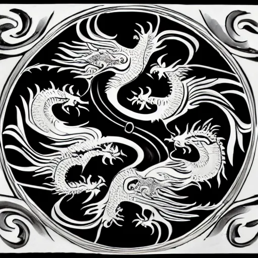 Image similar to a ying yang formed of a phoenix and a dragon, ornate, highly detailed.