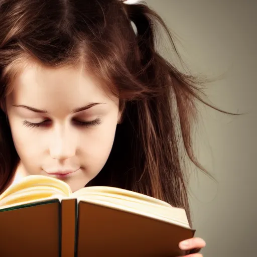 Prompt: a girl reading book, hair flowing down, symmetrical, anatomically correct, high resolution, 4K, photo realistic