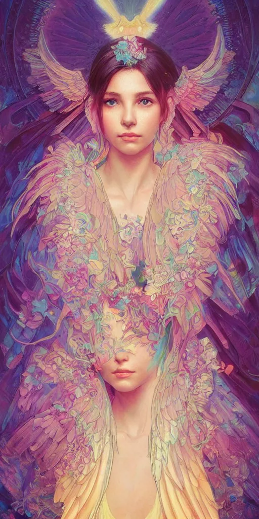 Prompt: beautiful, young woman, sad eyes, tears running down, vaporwave aesthetic, synthwave, colorful, psychedelic, long gown, ornate, intricate, angelic wings, digital painting, artstation, concept art, smooth, sharp focus, illustration, art by artgerm and greg rutkowski and alphonse mucha