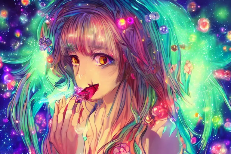 Image similar to psychedelic, whimsical, anime, 4k, beautiful lusty woman smoking a bong, with professional makeup, long trippy hair, a crystal and flower dress, sitting on a reflective pool, surrounded by gems, underneath the stars, rainbow fireflies, trending on patreon, deviantart, twitter, artstation, volumetric lighting, heavy contrast, art style of Greg Rutkowski and Miho Hirano