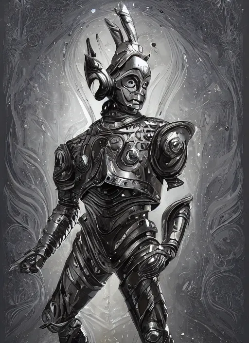 Image similar to powerful male tin man, willem dafoe as tinman, full body character concept, covered in full metal armor, art nouveau, super powers, fantasy, intricate, elegant, highly detailed, digital painting, artstation, concept art, shining, sharp focus, illustration, art by stanley lau