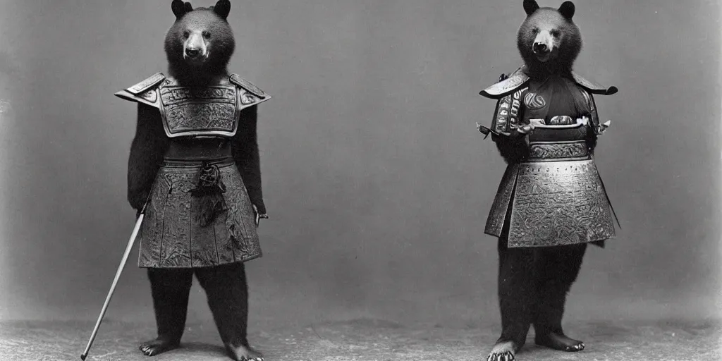 Image similar to anthropomorphic asian black bear in full samurai armor, 1900s photo