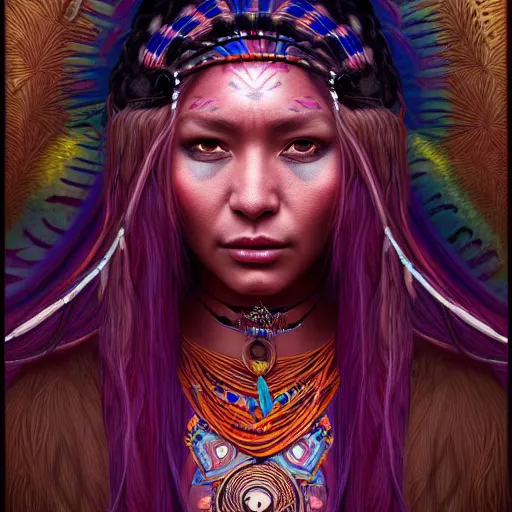 Prompt: : native female shaman, fantasy magic, femine energy, intricate, sharp focus, illustration, highly detailed, digital painting, concept art, matte, jahbu art, taino, cosmic, cosmos