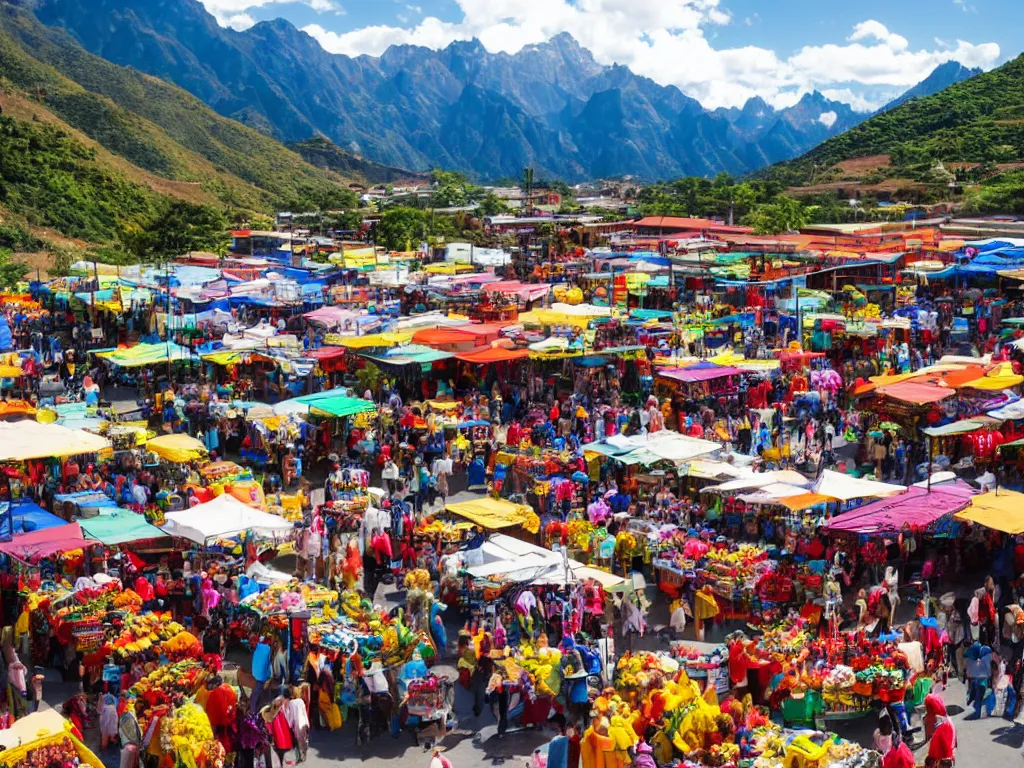Image similar to south american city market in a valley with mountains