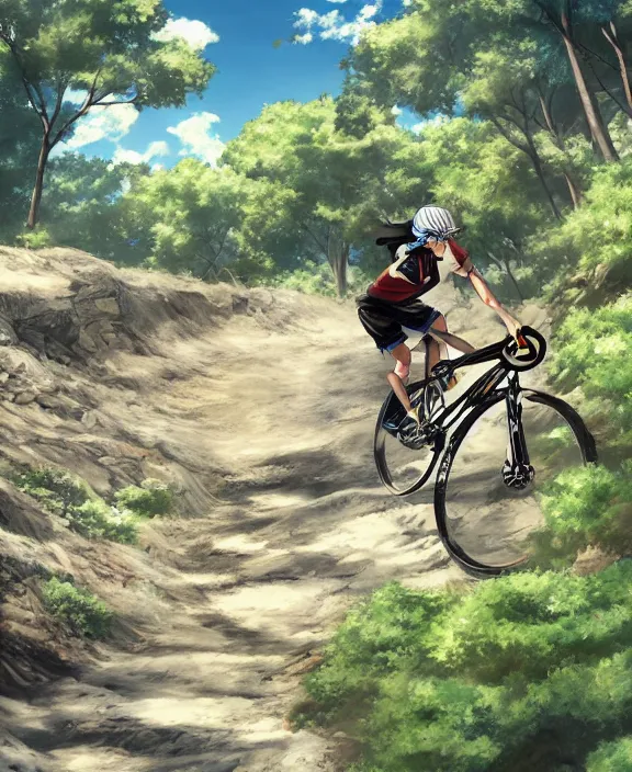 Image similar to an anime drawing of a mountain biker shredding a berm, 4k resolution, detailed, trending on artstation