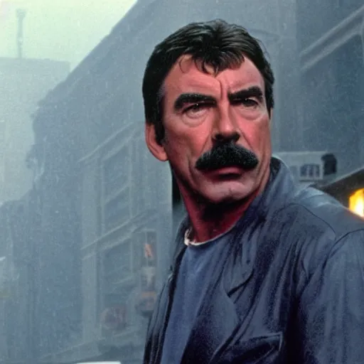 Image similar to Tom Selleck in Blade Runner, standing on a rainy street in a Blade Runner Style city