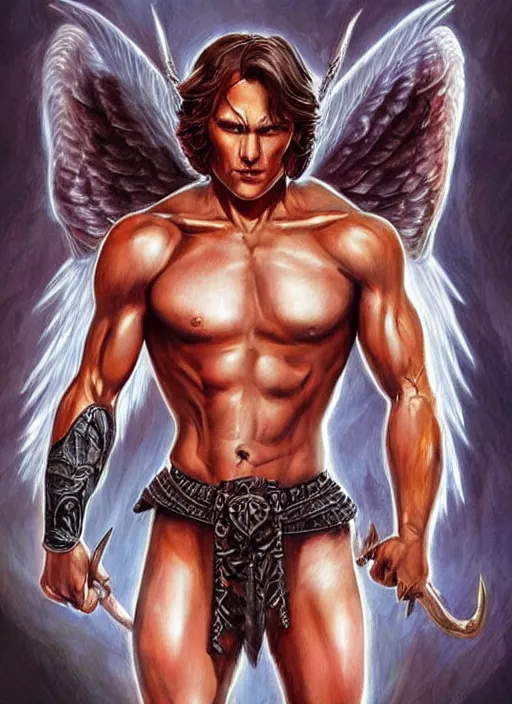 Image similar to attractive Sam Winchester as a muscular angel with demon wings wide open, whole body tattooed with runes and satanic symbols, D&D!, fantasy style, sharp focus!, ultra detailed, art by Artgerm and Peter Andrew Jones, WLUP