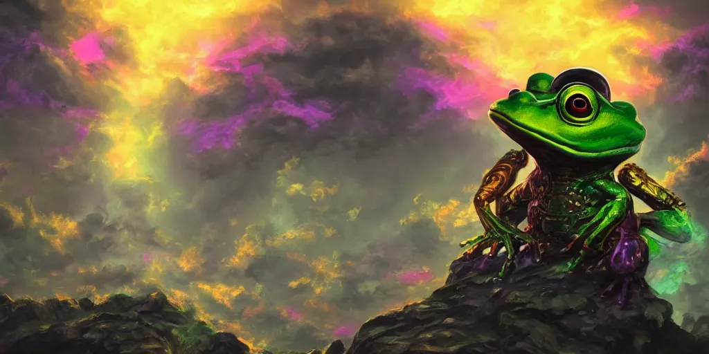 Prompt: 👽 anthropomorphic frog warrior, [ style ] [ oil painting ] [ palate ] [ vibrant gothic colors ], 👾 vibrant neon nebulous clouds, radiant light rays, photorealistic painting, intricate and fine details, volumetric lighting, artstation, god figure at the gate